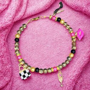 Chic Beaded Charm Bracelet - Gold, Pink, Black